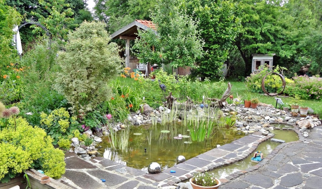 Neben einem Teich sind im Garten von Daniela Bernhard aus Heimertingen unter anderem Sträucher, Rosen, Stauden und Gräser zu sehen. Der Garten ist einer von mehreren Grünanlagen, die beim Tag der offenen Gartentür besichtigt werden können. Foto: Markus Orf/Landratsamt Unterallgäu